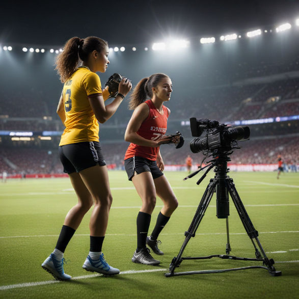 A sports photographer capturing a live-action moment of athletes on a brightly lit stadium field.