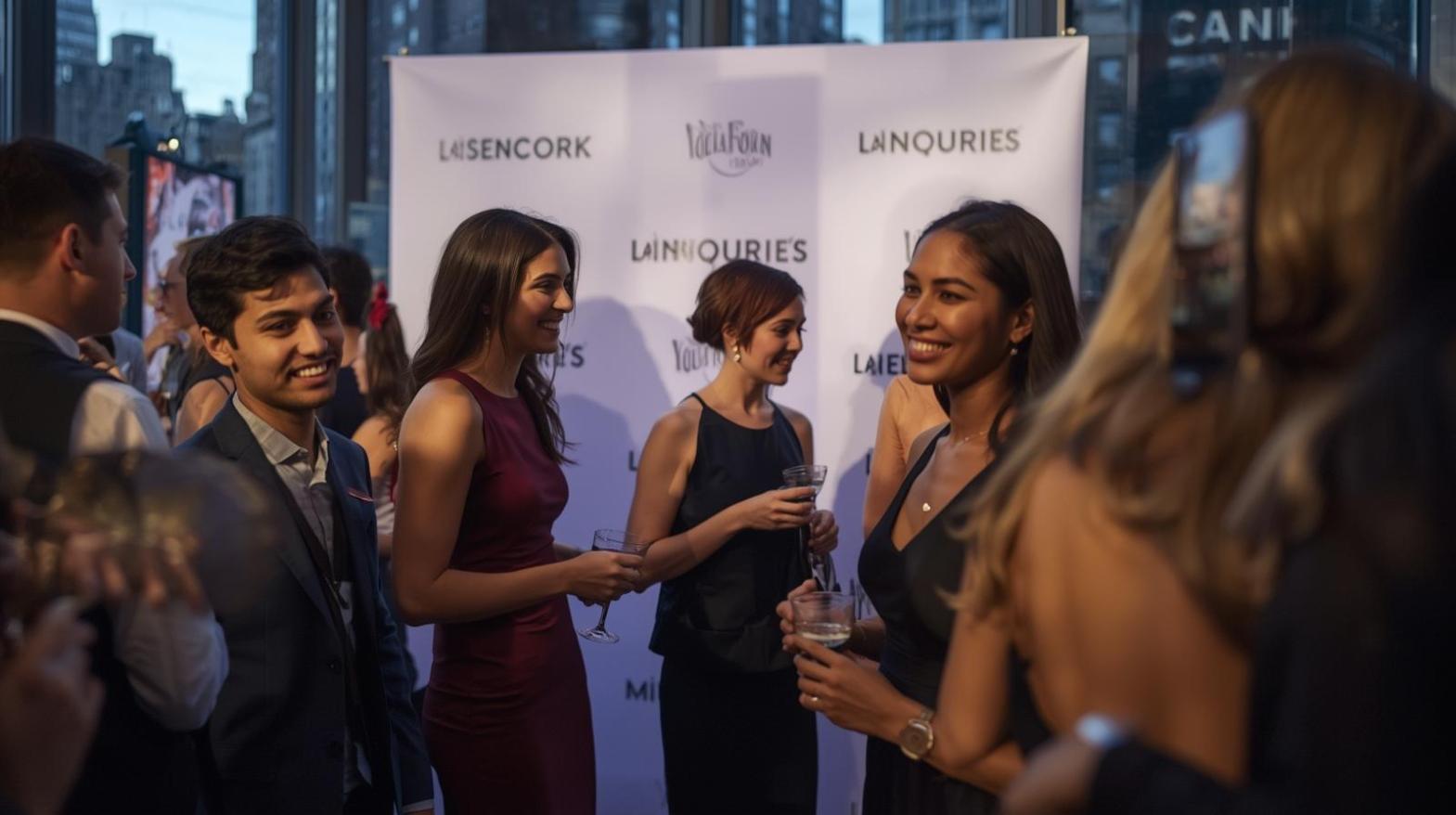 Smiling guests pose together at an NYC event with professional photo backdrop.