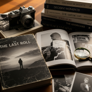 A close-up photograph of the book "The Last Roll" with a worn cover and a black-and-white image of a solitary photographer.