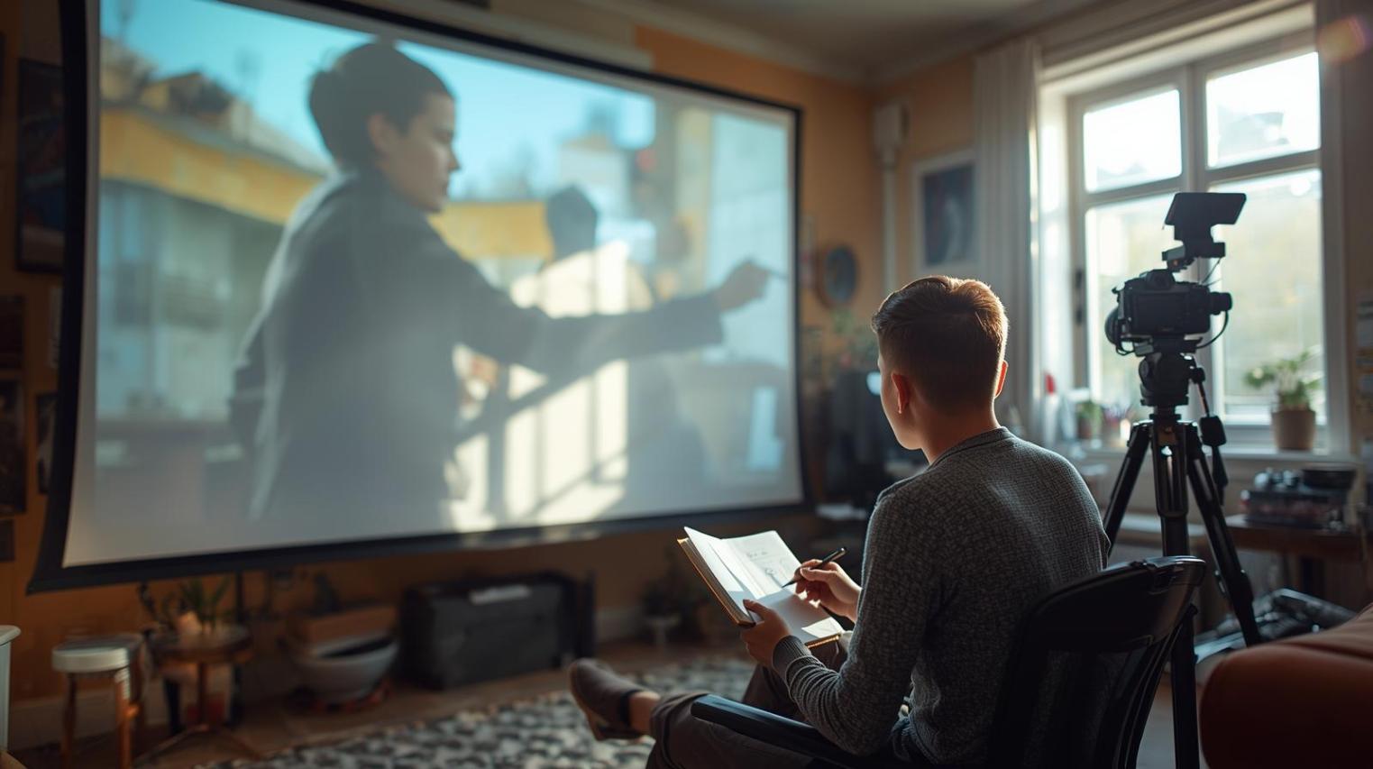 Photographer studies cinematic composition in bright studio while movie plays softly blurred behind.