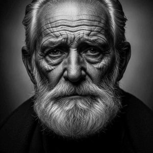 A striking black and white portrait with strong contrast