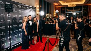 A professional NYC event photography setup with a sleek step and repeat backdrop, photographers capturing guests