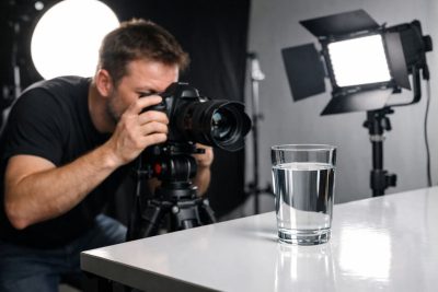 Photographer capturing a clear glass of water