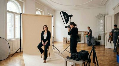 Professional photography studio setup inside a cleaned Vienna apartment, apartment cleanout team removing clutter in background, photographer capturing portrait shot