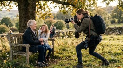 A professional photographer capturing a meaningful candid moment outdoors