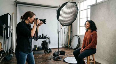 Professional photographer capturing a portrait in a studio with visible softbox lighting, natural window light, camera equipment, and clear highlights and shadows